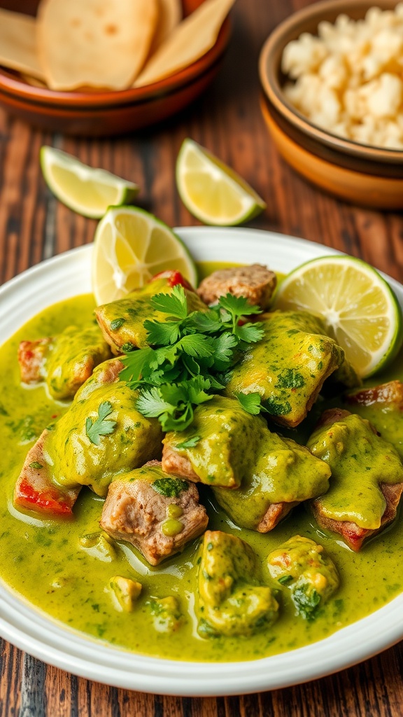 A delicious serving of Pork Verde with green sauce on a plate, garnished with cilantro and lime, alongside tortillas and rice.